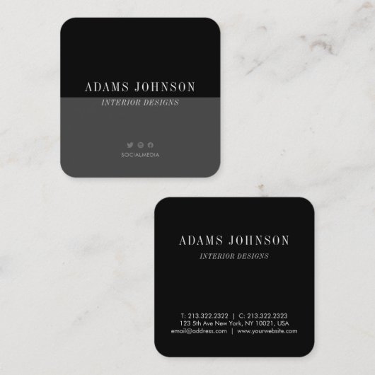 Eenvoudige zwarte grijze sociale media vierkante visitekaartje (Voorkant / Achterkant)