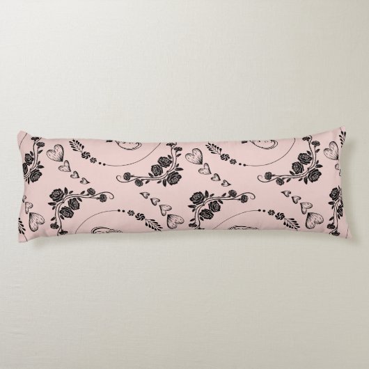 Eenvoudige zwarte harten, bloemig, Infinity op roz Lichaamskussen (Achterkant)