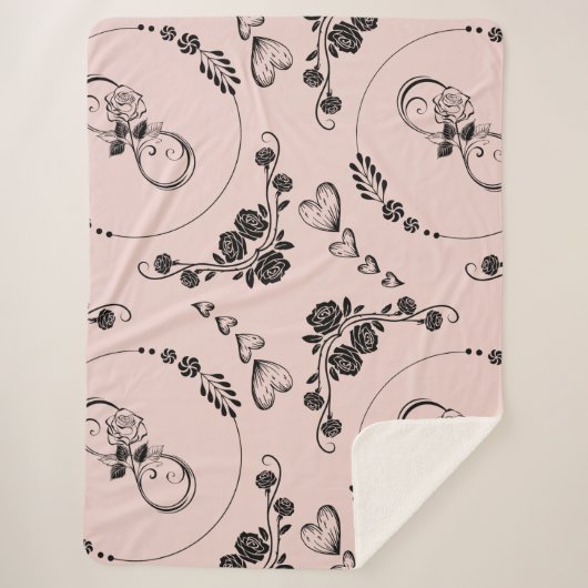 Eenvoudige zwarte harten, bloemig, Infinity op roz Sherpa Deken (Voorkant)