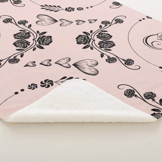 Eenvoudige zwarte harten, bloemig, Infinity op roz Sherpa Deken (3/4)