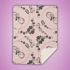 Eenvoudige zwarte harten, bloemig, Infinity op roz Sherpa Deken