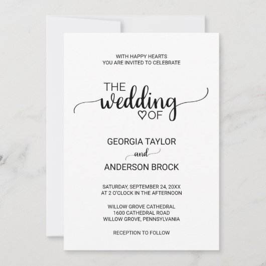 Eenvoudige zwarte kalligrafie bruiloft kaart (Voorkant)