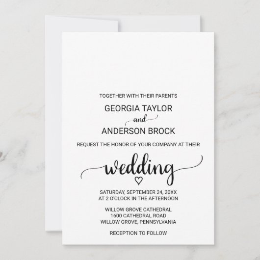 Eenvoudige zwarte kalligrafie bruiloft kaart (Voorkant)