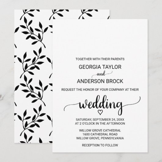 Eenvoudige zwarte kalligrafie bruiloft kaart (Voorkant / Achterkant)