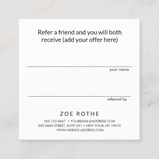 Eenvoudige zwarte klantverwijzing aanbevelingskaartje (Achterkant)