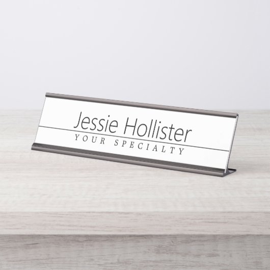 Eenvoudige zwarte klastekst op wit bureau naambordje (Voorkant)