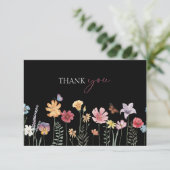Eenvoudige zwarte kleurrijke wilde bloemen bruilof bedankkaart (Staand voorkant)
