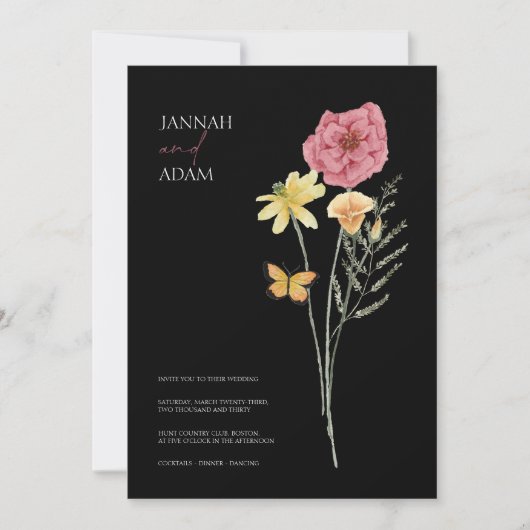 Eenvoudige zwarte kleurrijke wilde bloemen bruilof kaart (Voorkant)