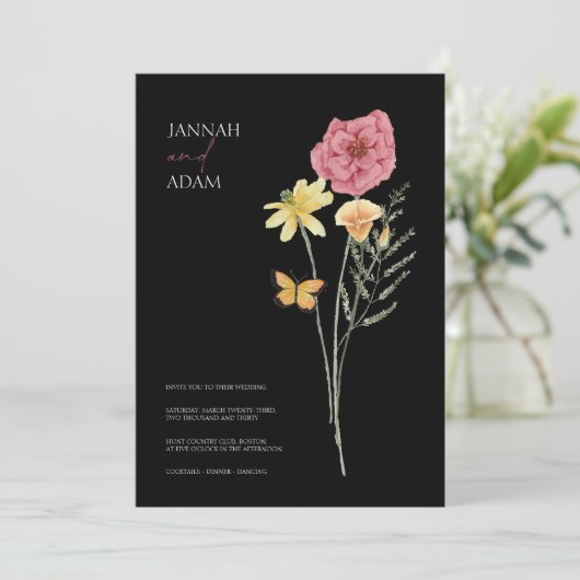 Eenvoudige zwarte kleurrijke wilde bloemen bruilof kaart (Staand voorkant)