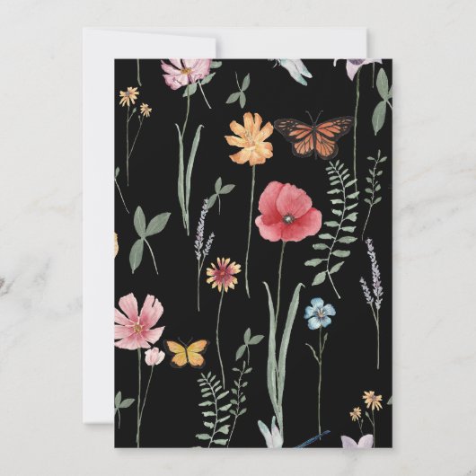 Eenvoudige zwarte kleurrijke wilde bloemen bruilof kaart (Achterkant)