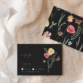 Eenvoudige zwarte kleurrijke wilde bloemen bruilof RSVP kaartje