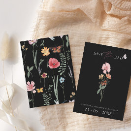Eenvoudige zwarte kleurrijke wilde bloemen bruilof save the date