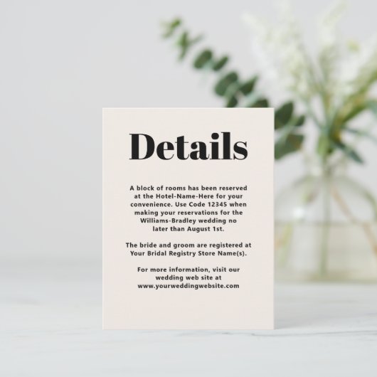 Eenvoudige zwarte moderne minimalistische details informatiekaartje (Staand voorkant)