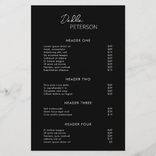 Eenvoudige zwarte moderne zwarte prijslijst (Voorkant)