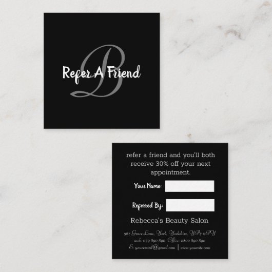 Eenvoudige zwarte monogram en witte verwijzingskaa aanbevelingskaartje (Voorkant / Achterkant)