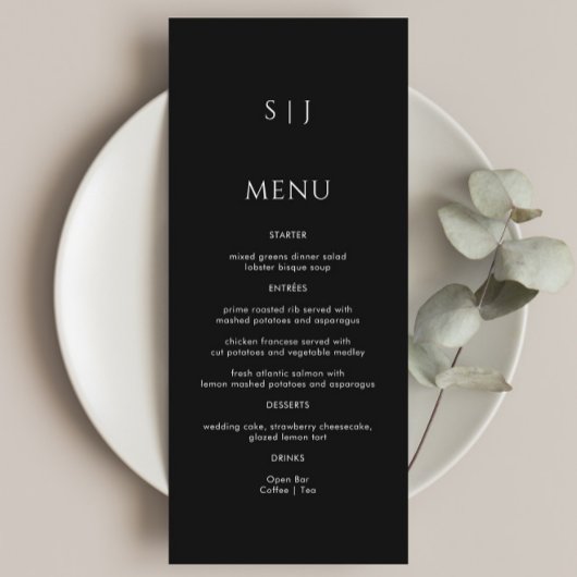 Eenvoudige zwarte monogram trouwdag menu
