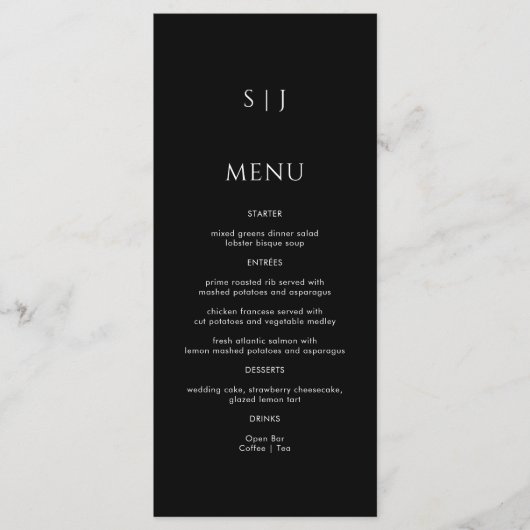 Eenvoudige zwarte monogram trouwdag menu (Voorkant)