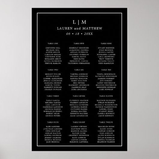 Eenvoudige Zwarte Monogram Trouwstoelindeling Graf Poster (Voorkant)
