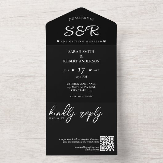 Eenvoudige zwarte QR-code bruiloft All In One Uitnodiging (Binnen)
