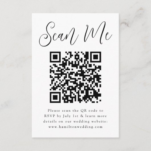 Eenvoudige zwarte QR-code voor script RSVP Informatiekaartje (Voorkant)