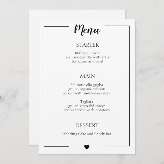 Eenvoudige zwarte rand-kalligrafie-bruiloft menu (Voorkant / Achterkant)