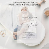 Eenvoudige zwarte tekst overlay avond partij bruil vellum uitnodigingen