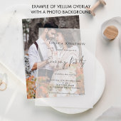 Eenvoudige zwarte tekst overlay avond partij bruil vellum uitnodigingen