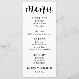 Eenvoudige zwarte typografie op witte trouwmenu menu