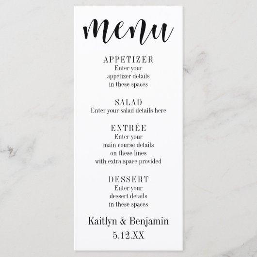 Eenvoudige zwarte typografie op witte trouwmenu menu (Voorkant)