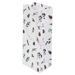 Eenvoudige zwarte winter Pinecone Waterverf Kerstm Wijn Cadeautas