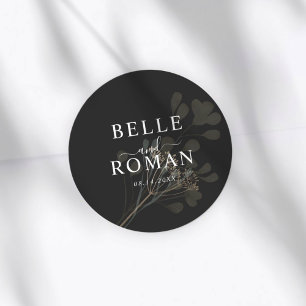Eenvoudige Zwarte & Witte Botanische Trouwdag Ronde Sticker