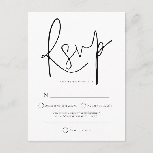 Eenvoudige zwarte witte bruiloft RSVP Uitnodiging Briefkaart (Voorkant)
