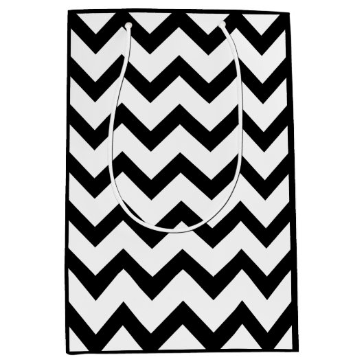 Eenvoudige zwarte witte chevron patroonlijn retro medium cadeauzakje (Voorkant)