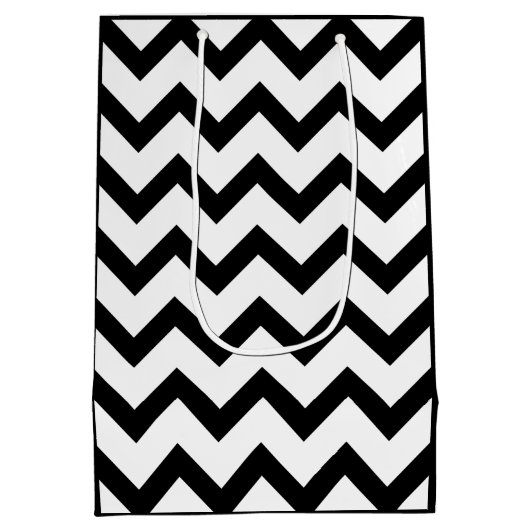 Eenvoudige zwarte witte chevron patroonlijn retro medium cadeauzakje (Achterkant)