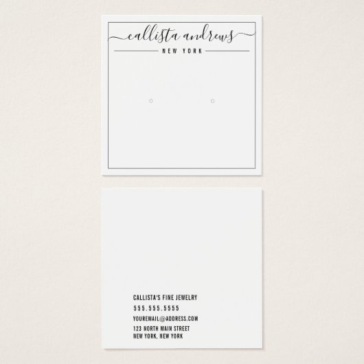 Eenvoudige zwarte, witte, cursieve oorenkaart vierkante visitekaartjes (Voorkant /achterkant)