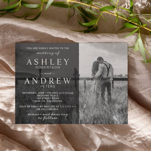 Eenvoudige zwarte witte elegante moderne fotobruil kaart