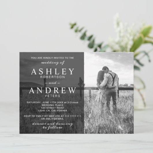 Eenvoudige zwarte witte elegante moderne fotobruil kaart (Staand voorkant)