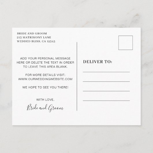 Eenvoudige zwarte witte minimalist Sla de datum op Aankondigingskaart (Achterkant)