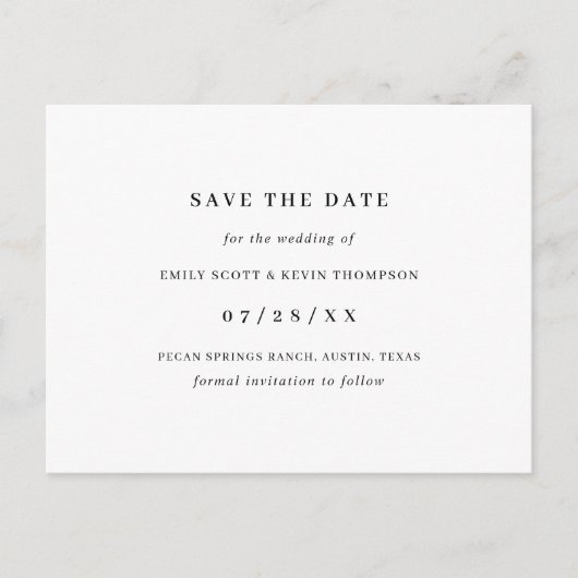 Eenvoudige zwarte witte minimalist Sla de datum op Aankondigingskaart (Voorkant)