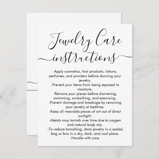 Eenvoudige Zwarte Witte Script Sieraden Verzorging Notitiekaartje (Voorkant / Achterkant)