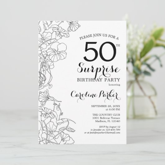 Eenvoudige zwarte witte verrassingen 50e verjaarda kaart (Staand voorkant)