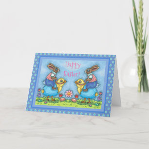 EENVOUDIGER BUNNY RIDING CUTE CHICK IN BLAUWE EGG  FEESTDAGEN KAART