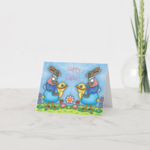 EENVOUDIGER BUNNY RIDING CUTE CHICK IN BLAUWE EGG FEESTDAGEN KAART