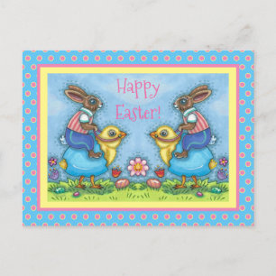 EENVOUDIGERE BUNNY RIDING CUTE CHICK IN BLAUWE EGG FEESTDAGENKAART