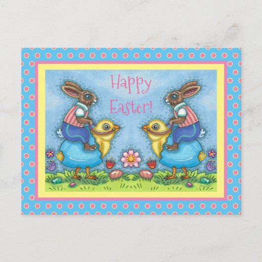 EENVOUDIGERE BUNNY RIDING CUTE CHICK IN BLAUWE EGG FEESTDAGENKAART (Voorkant)
