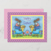 EENVOUDIGERE BUNNY RIDING CUTE CHICK IN BLAUWE EGG FEESTDAGENKAART (Voorkant / Achterkant)
