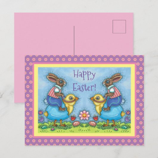 EENVOUDIGERE BUNNY RIDING CUTE CHICK IN BLAUWE EGG FEESTDAGENKAART (Voorkant / Achterkant)