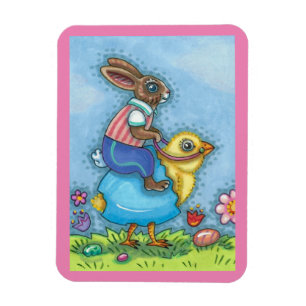 EENVOUDIGERE BUNNY RIDING CUTE CHICK IN BLAUWE EGG MAGNEET