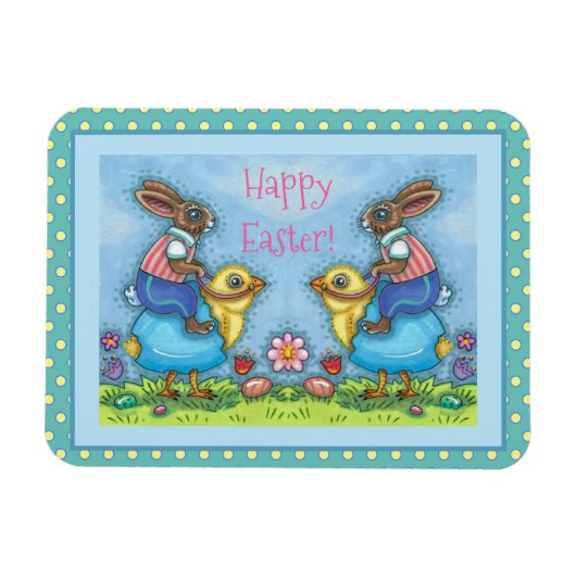 EENVOUDIGERE BUNNY RIDING CUTE CHICK IN BLAUWE EGG MAGNEET (Horizontaal)