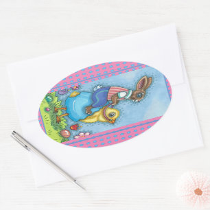 EENVOUDIGERE BUNNY RIDING CUTE CHICK IN BLAUWE EGG OVALE STICKER